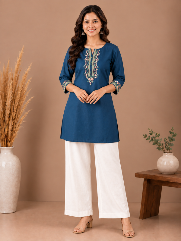 Embroidery Work Brown Cotton Top Set