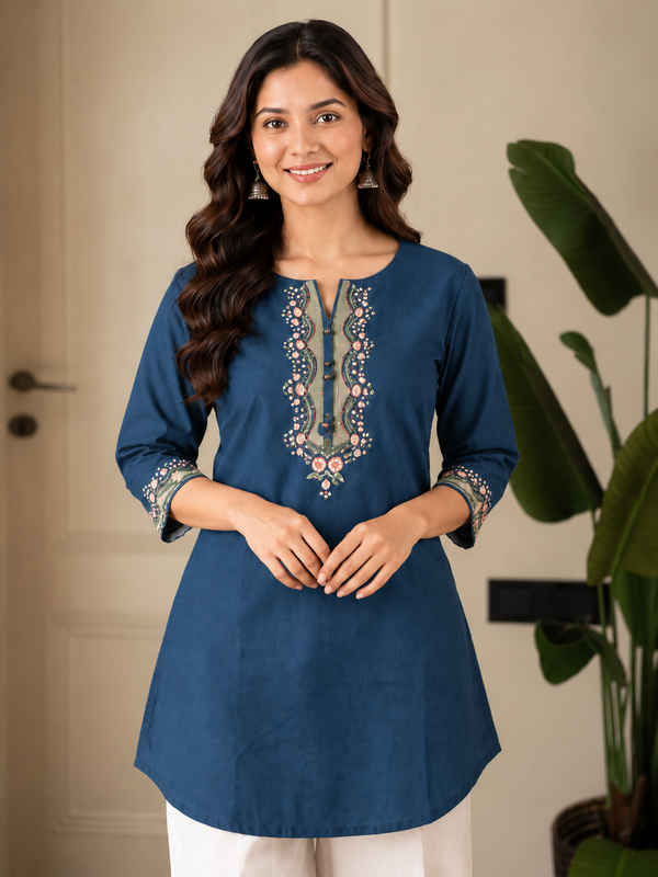 Embroidery Work Brown Cotton Top Set