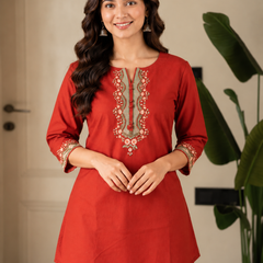 Embroidery Work Red Cotton Top Set