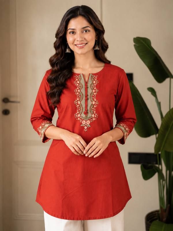 Embroidery Work Red Cotton Top Set