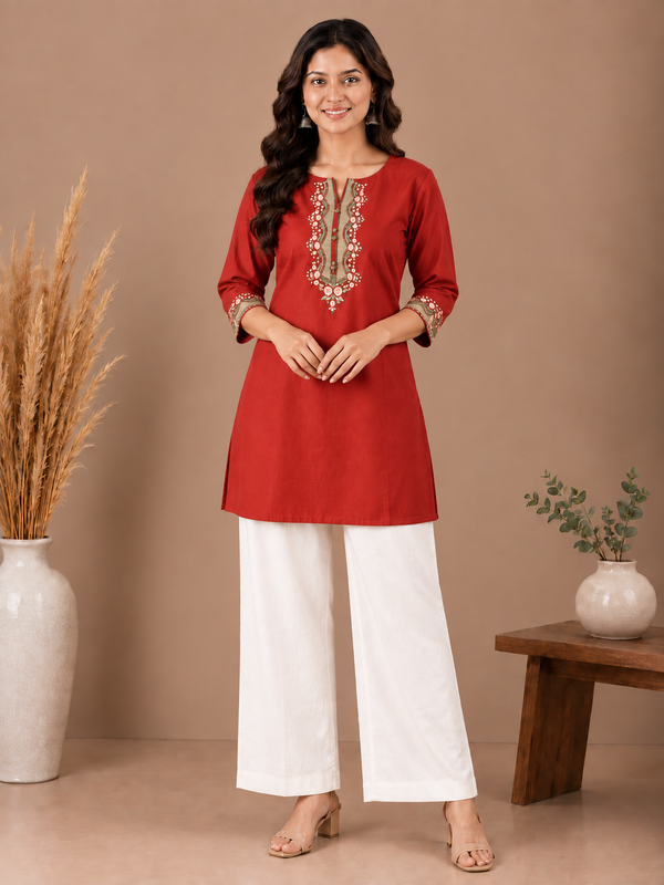 Embroidery Work Brown Cotton Top Set