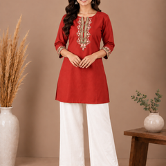 Embroidery Work Red Cotton Top Set