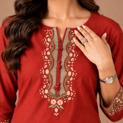 Embroidery Work Red Cotton Top Set