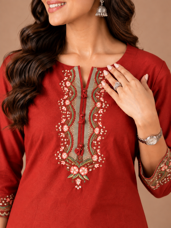 Embroidery Work Red Cotton Top Set