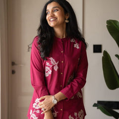 Embroidery Work Cotton Flex Magenta Co_ord Set