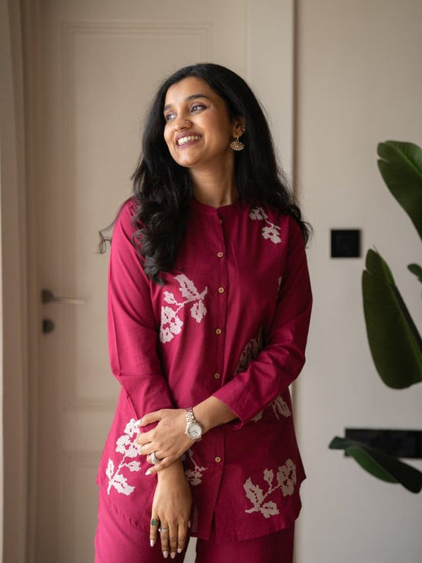 Embroidery Work Cotton Flex Magenta Co_ord Set