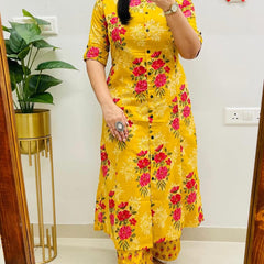 A-Line Yellow Printed Cotton Co-ord Set