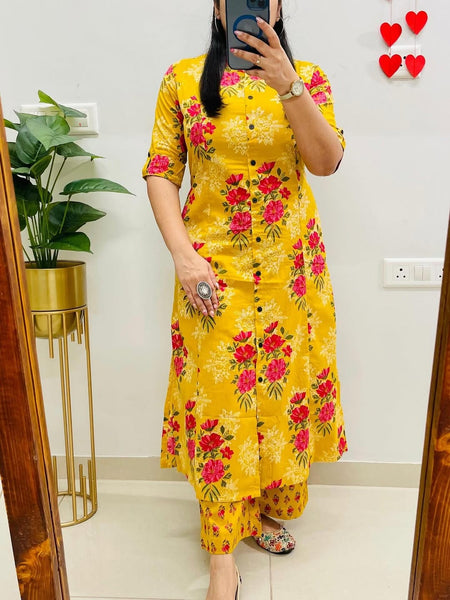 A-Line Yellow Printed Cotton Co-ord Set