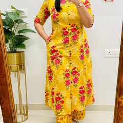 A-Line Yellow Printed Cotton Co-ord Set
