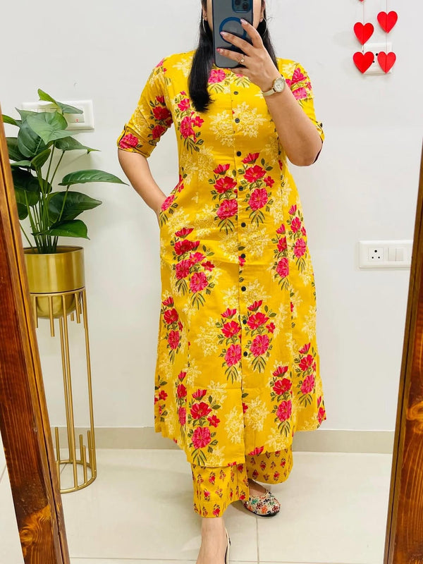 A-Line Yellow Printed Cotton Co-ord Set