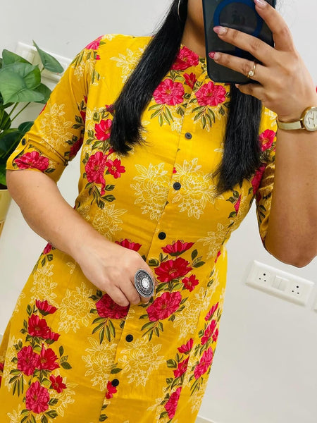 A-Line Yellow Printed Cotton Co-ord Set