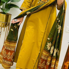 Embroidery Work Mustard Cotton Suit Set