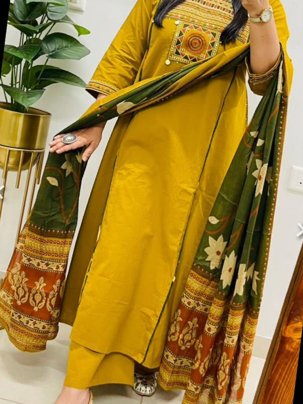 Embroidery Work Mustard Cotton Suit Set
