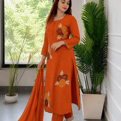 Embroidery Work Orange Cotton Suit Set