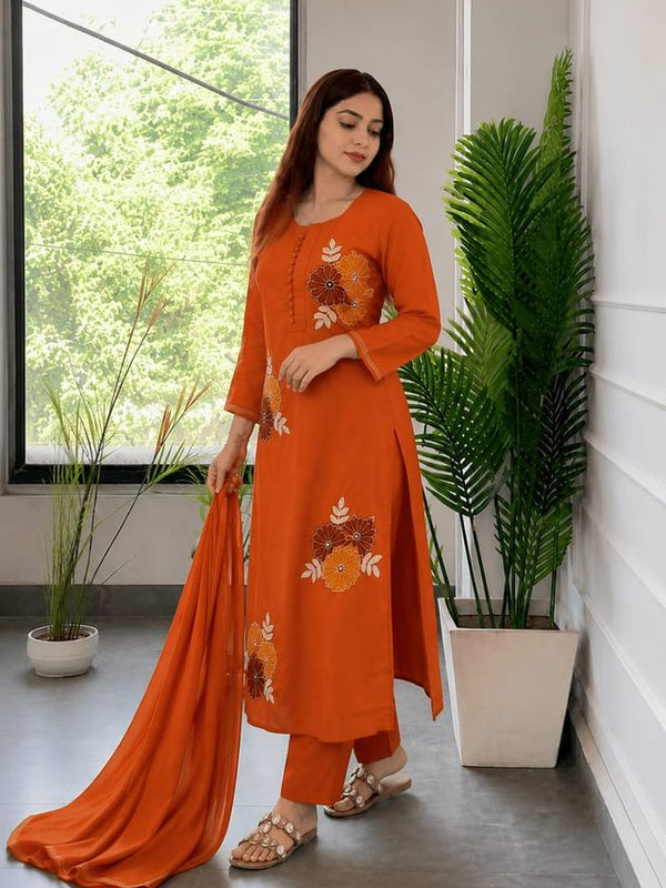 Embroidery Work Orange Cotton Suit Set