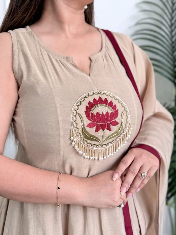 Designer Embroidery Work Beige Color Suit Set