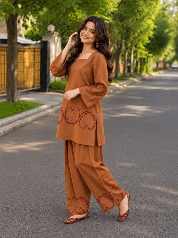 Embroidery Work Bright Rust Cotton Farshi Salwar Set