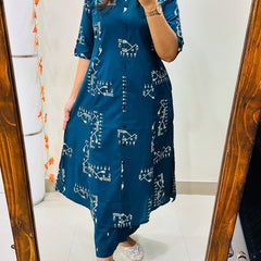Dark Pink Printed Cotton Kurti & Palazzo Set