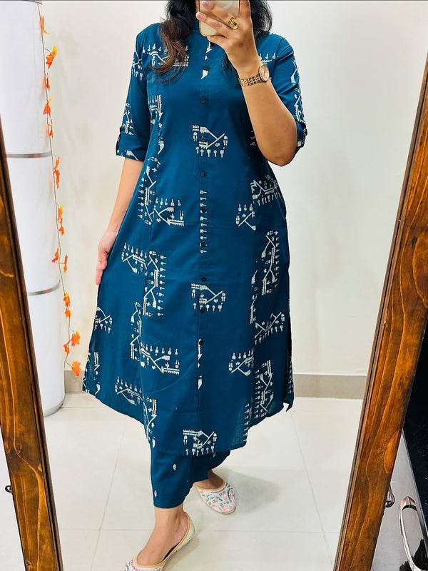 Dark Pink Printed Cotton Kurti & Palazzo Set