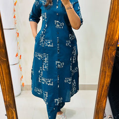 Dark Pink Printed Cotton Kurti & Palazzo Set