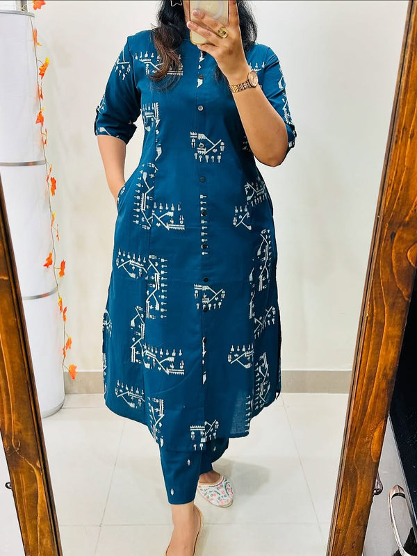 Dark Pink Printed Cotton Kurti & Palazzo Set