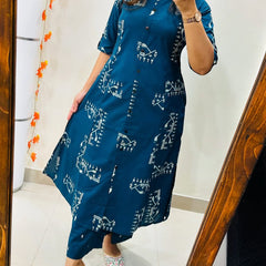 Dark Pink Printed Cotton Kurti & Palazzo Set