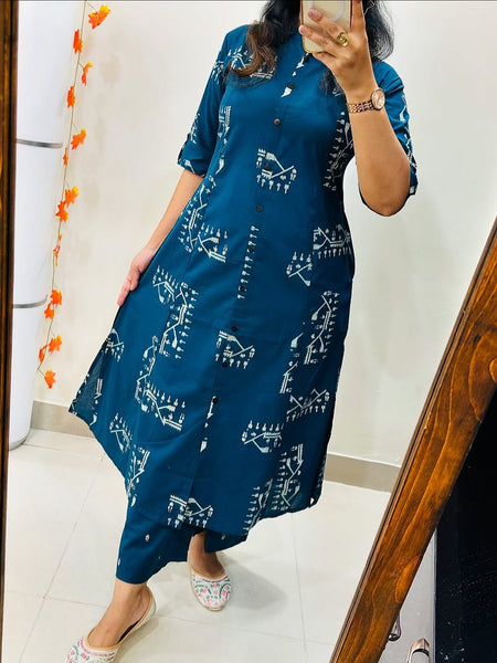 Dark Pink Printed Cotton Kurti & Palazzo Set