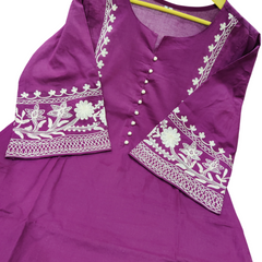 Wine Cotton Aari Work Kurti & Palazzo Set