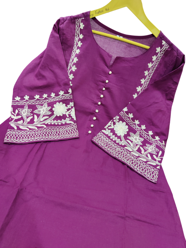 Wine Cotton Aari Work Kurti & Palazzo Set