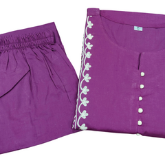 Wine Cotton Aari Work Kurti & Palazzo Set