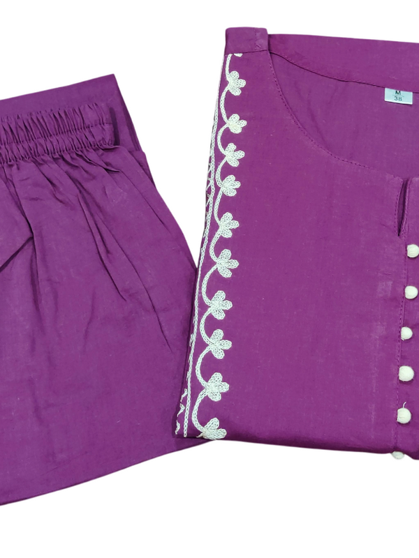 Wine Cotton Aari Work Kurti & Palazzo Set