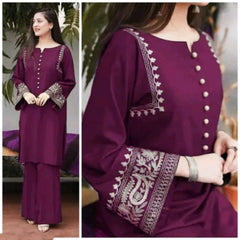 Wine Cotton Aari Work Kurti & Palazzo Set