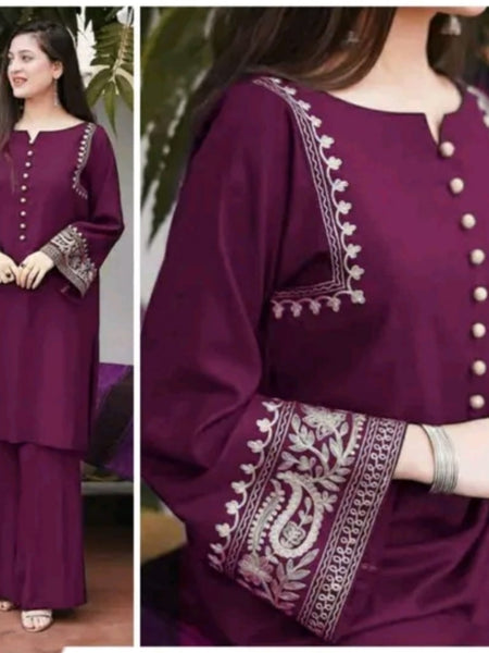 Wine Cotton Aari Work Kurti & Palazzo Set