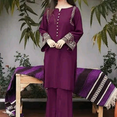 Wine Cotton Aari Work Kurti & Palazzo Set