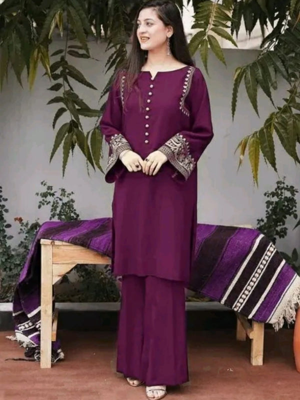 Wine Cotton Aari Work Kurti & Palazzo Set