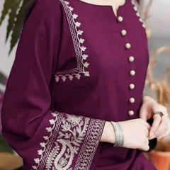 Wine Cotton Aari Work Kurti & Palazzo Set