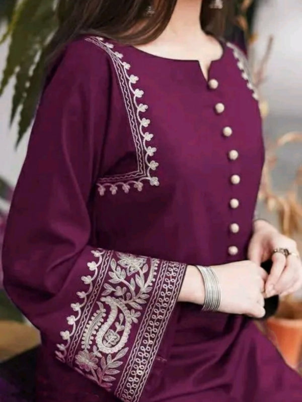 Wine Cotton Aari Work Kurti & Palazzo Set