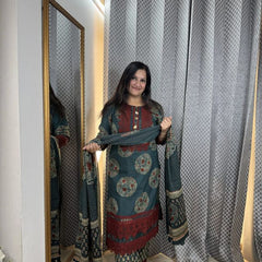 Deisgner Lace Work Teal Blue Cotton Suit Set