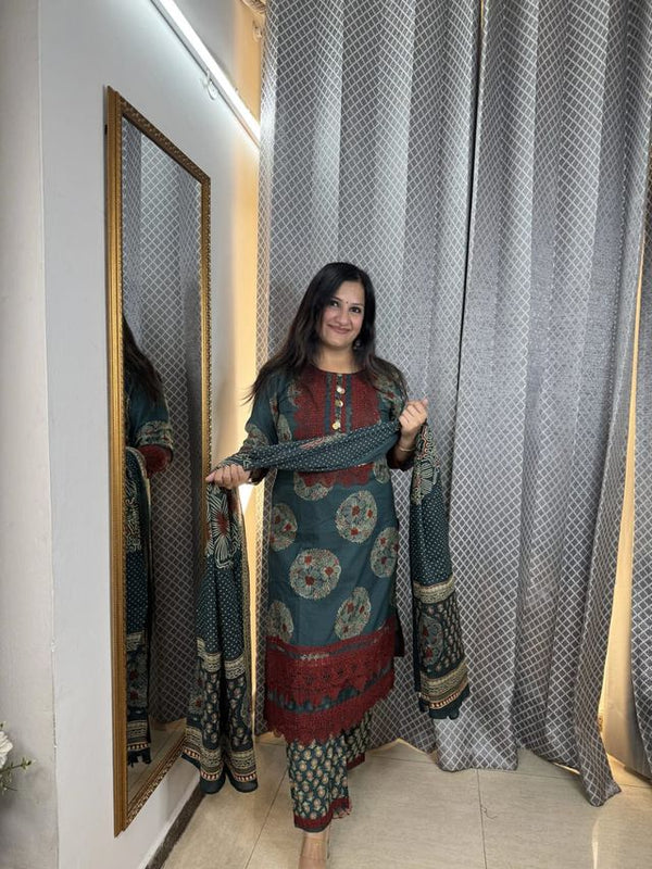 Deisgner Lace Work Teal Blue Cotton Suit Set