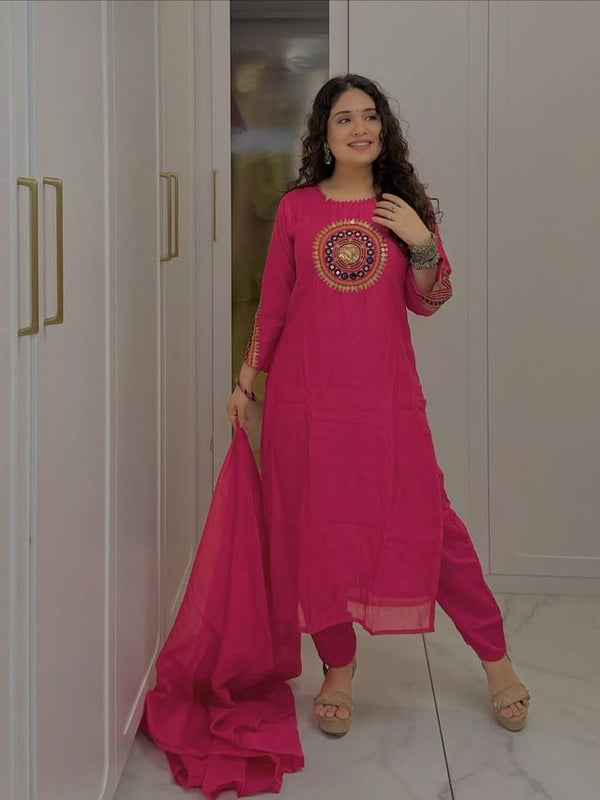 Beautiful Designer Magenta Color Cotton Suit Set