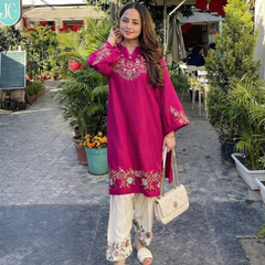 Embroidery Work Pink Color Cotton Kurti Plazo Set