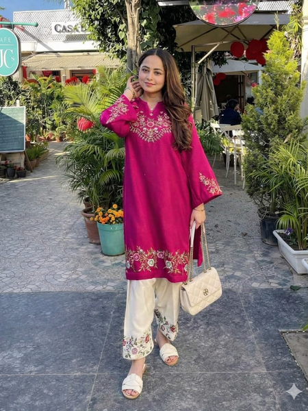 Embroidery Work Pink Color Cotton Kurti Plazo Set