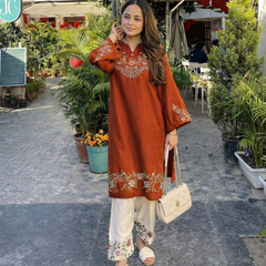 Embroidery Work Rust Color Cotton Kurti Plazo Set