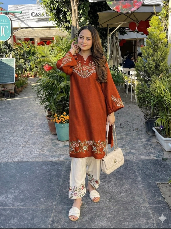 Embroidery Work Rust Color Cotton Kurti Plazo Set