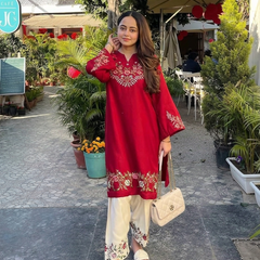 Embroidery Work Red Color Cotton Kurti Plazo Set