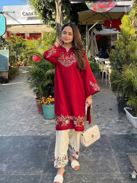 Embroidery Work Red Color Cotton Kurti Plazo Set
