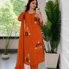 Embroidery Work Orange Cotton Suit Set