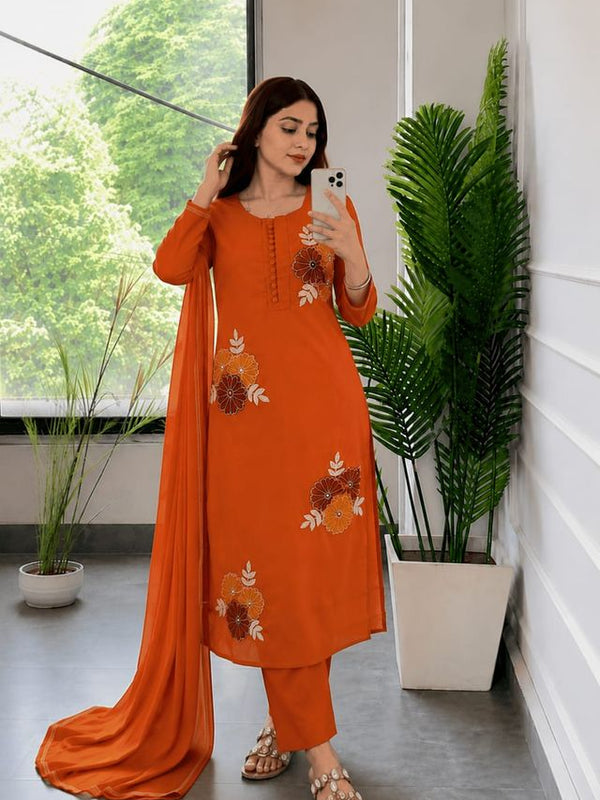 Embroidery Work Orange Cotton Suit Set