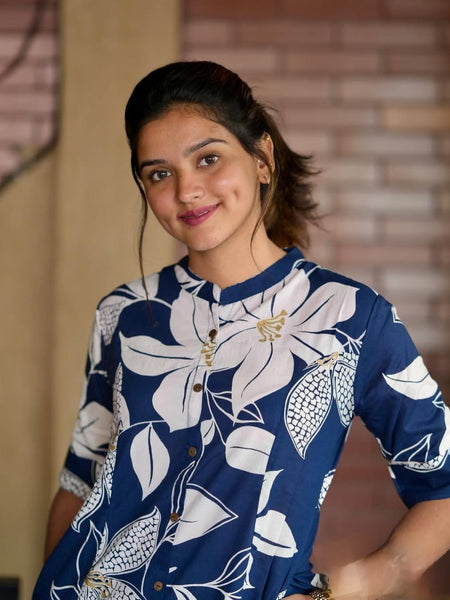 Blue Printed Cotton Kurti & Palazzo Set