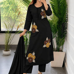Embroidery Work Black Cotton Suit Set